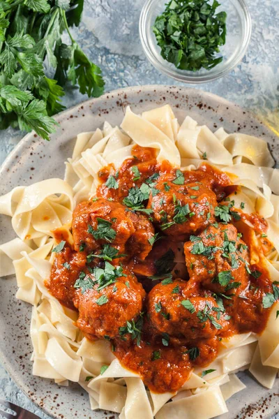 Meatballs Tomato Sauce Served Pappardelle Pasta Italian Cuisine — Stock Photo, Image