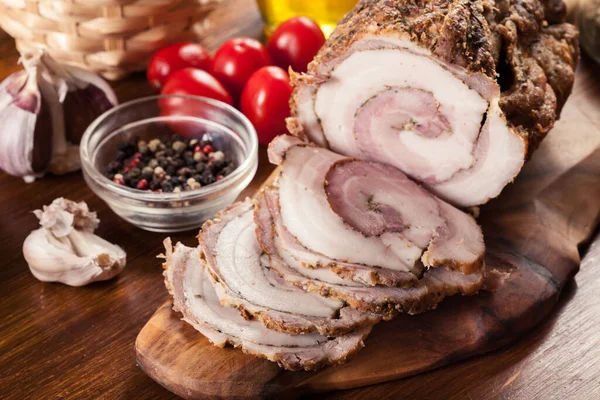 Gebackene Schweinebauch Roulade Speckrollen Scheiben — Stockfoto