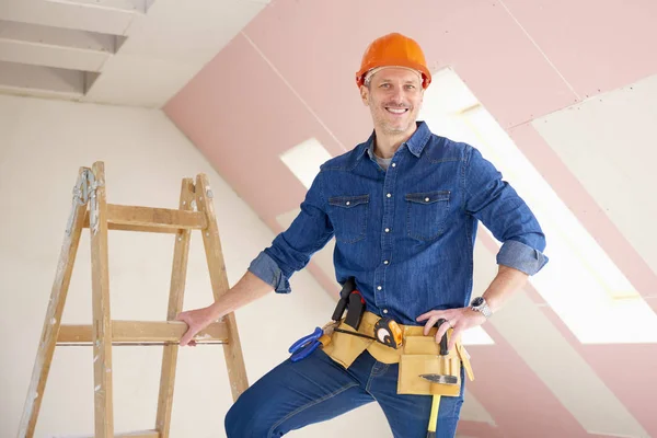 Confident Middle Aged Handyman Standing Construction Site — Stock Photo, Image