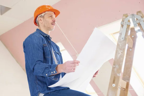 Portrait of construction worker holding plan in his hand while standing on the ladder and working.