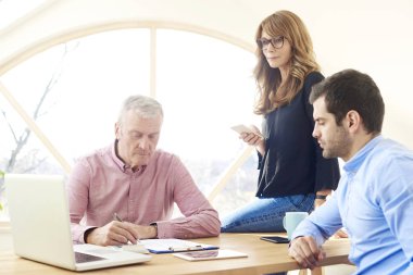 Ofiste beyin fırtınası. Üst düzey Finans Müdürü ve danışmanlık sırasında dizüstü kullanarak onun genç asistanı iş adamı. Arka plan ve metin haber ayakta çekici orta yaşlı iş kadını. 