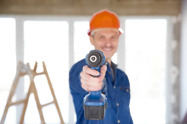 Smiling Handyman Wearing Safety Helmet Holding Drill His Hand While — Stock Photo, Image