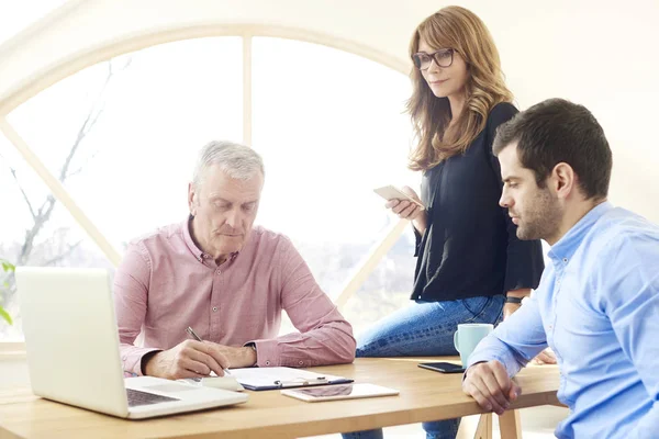 Brainstormen Kantoor Senior Financieel Directeur Zijn Jonge Assistent Zakenman Met — Stockfoto