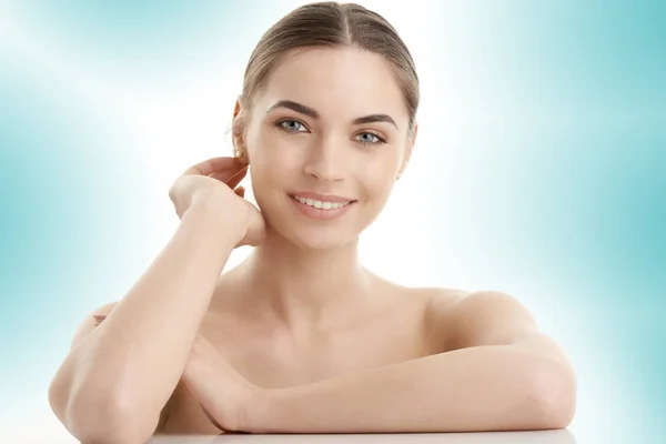 Cropped Shot Beautiful Young Woman Toothy Smile Looking Camera Posing — Stock Photo, Image