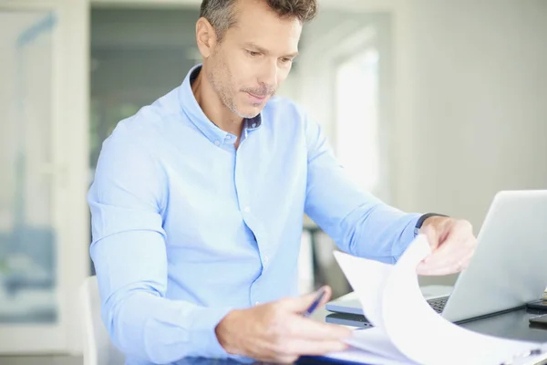 Middle Aged Businessman Making Notes While Sitting Office Desk Front — Stock Photo, Image