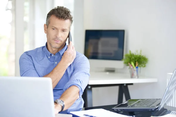 Portrait Middle Aged Businessman Wearing Shirt While Sitting Office Working — Stock Photo, Image