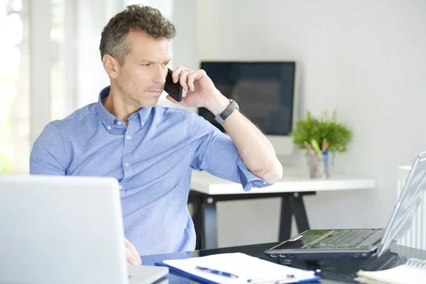 Portrait Middle Aged Businessman Wearing Shirt While Sitting Office Working — Stock Photo, Image