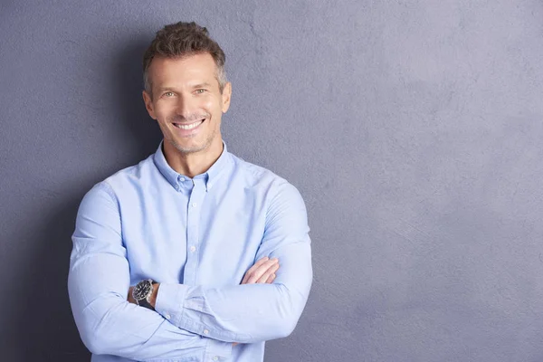 Portrait Middle Aged Businessman Wearing Shirt Looking Camera While Standing — Stock Photo, Image