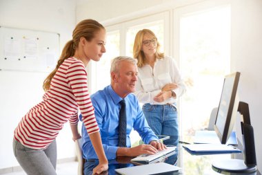 Bilgisayar başında oturan ve arkadaşları ile konuşmak kıdemli Finans Müdürü iş adamı vurdu. Ofiste takım çalışması. 