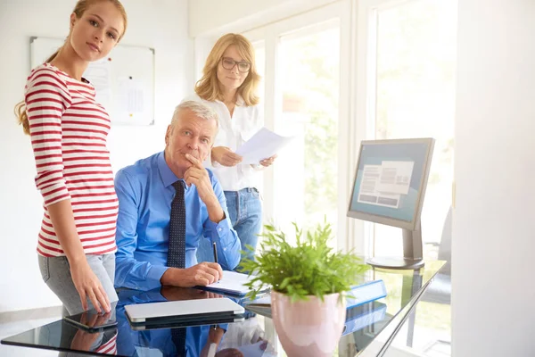 Geschäftskollegen Unterhalten Sich Während Sie Den Computer Büro Benutzen Senior — Stockfoto