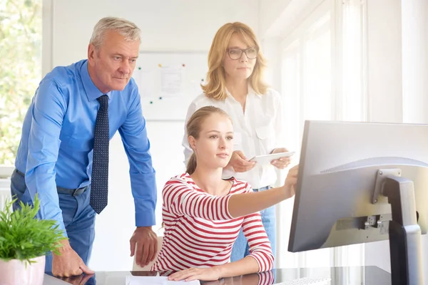 Young Financial Assistant Businesswoman Sitting Front Computer Consulting Her Colleagues — Stock Photo, Image