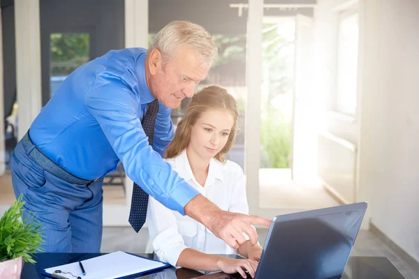 Aufnahme Einer Jungen Finanzassistentin Die Mit Einem Leitenden Geschäftsmann Zusammenarbeitet — Stockfoto