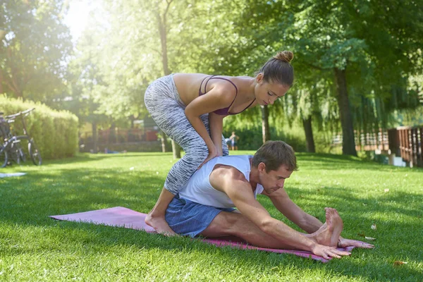 Largura Completa Tiro Mujer Joven Hombre Haciendo Yoga Pareja Parque —  Fotos de Stock