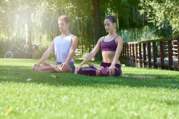 蓮のポーズで座っていると 屋外のヨガを練習しながら瞑想の若いカップルの全身ショット — ストック写真