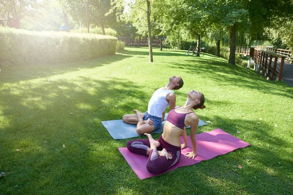 年轻女子和男子一起在户外练习瑜伽的全长镜头 — 图库照片
