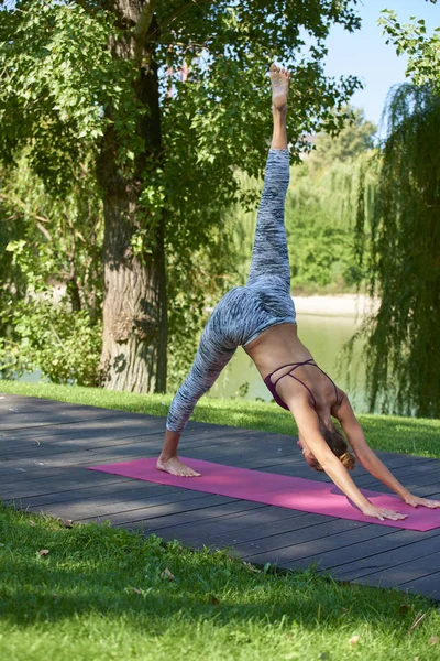 Volledige Lengte Van Mooie Jonge Vrouw Praktizerende Yoga Buiten Schot — Stockfoto