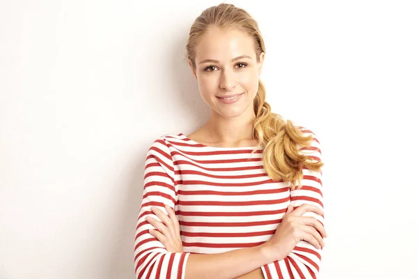 Portrait Shot Beautiful Young Woman Wearing Striped Shirt While Looking — Stock Photo, Image