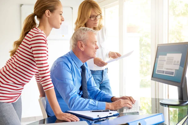 Shot Senior Financial Director Businessman Sitting Front Computer Talking His — Stock Photo, Image