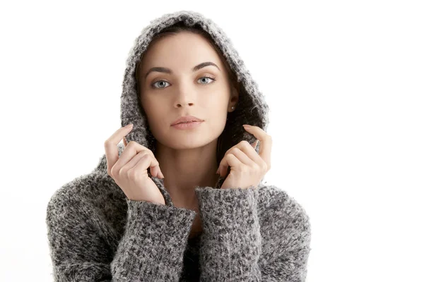 Close Studio Portrait Beautiful Young Woman Wearing Hoodie While Posing — Stock Photo, Image