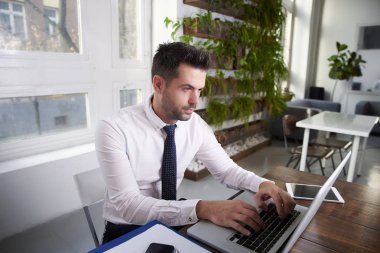 Düşünceli ise ofis masa başında oturan ve dizüstü bilgisayarda yazarak arıyor işadamı portre vurdu.