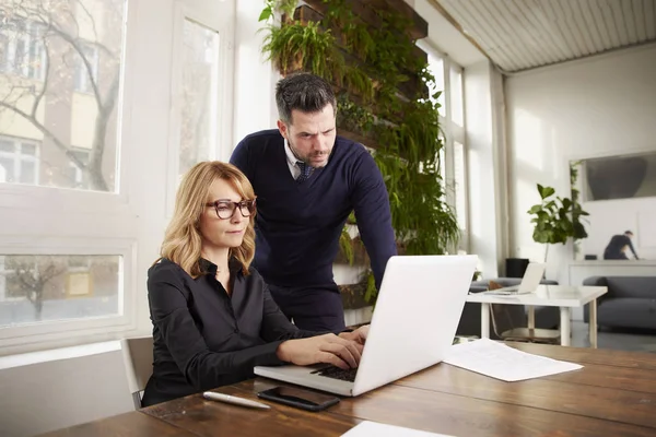 Colpo Dirigente Donna Affari Mezza Età Utilizzando Computer Portatile Mentre — Foto Stock