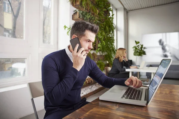 Shot Financial Assistant Businessman Sitting Office Desk Talking Somebody While — Stock Photo, Image