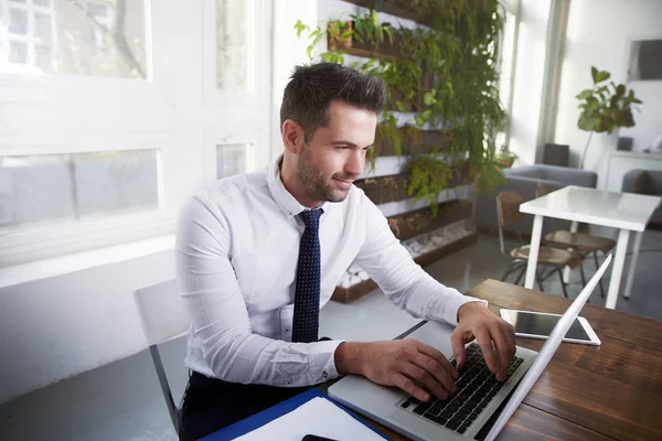 Portrait Sales Assistant Businessman Sitting Office Desk Working Laptop — Stock Photo, Image