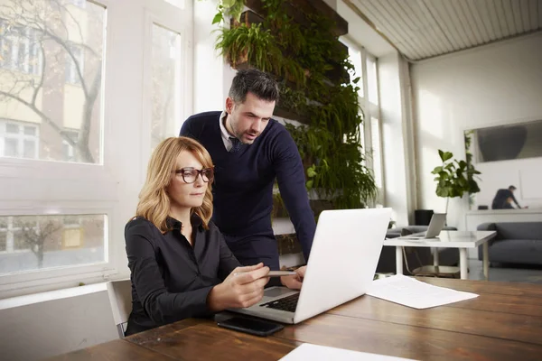 Skott Executive Mellersta Åldern Affärskvinna Med Laptop Medan Unga Ekonomiassistent — Stockfoto