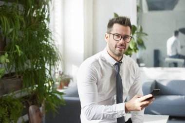 Onun cep telefonu ve kısa ofiste otururken mesaj kullanarak işadamı portre çekim. 