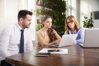 Ofiste takım çalışması. Dizüstü bilgisayar önünde onun meslektaşları ile oturma ve yeni iş planı hakkında danışmanlık genç mali asistanı iş kadını.