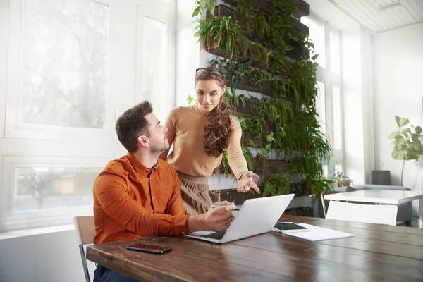 Aufnahme Eines Verkäufers Und Seiner Lächelnden Sekretärin Die Zusammen Laptop — Stockfoto