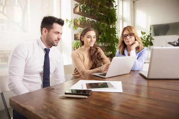 Ofiste takım çalışması. Dizüstü bilgisayar önünde onun meslektaşları ile oturma ve yeni iş planı hakkında danışmanlık genç mali asistanı iş kadını.