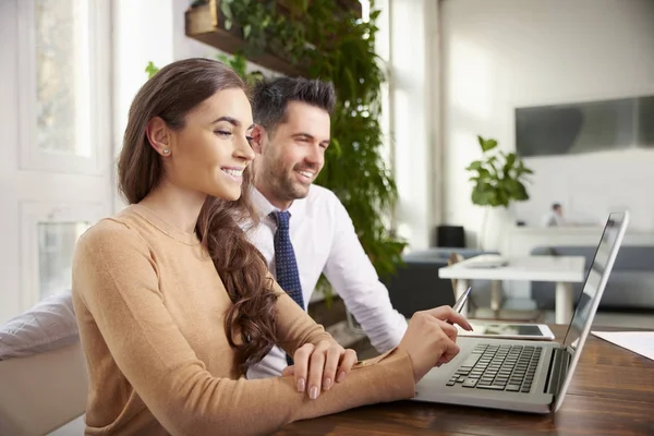 Shot Young Businesswoman Professional Financial Assistant Businessman Working Together Laptop — Stock Photo, Image