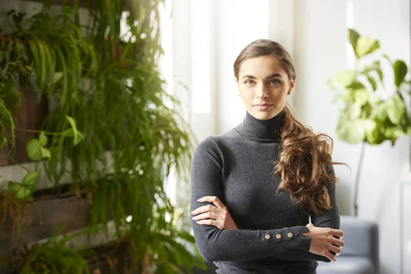 Close Portrait Beautiful Young Woman Wearing Roll Neck Sweater While — Stock Photo, Image