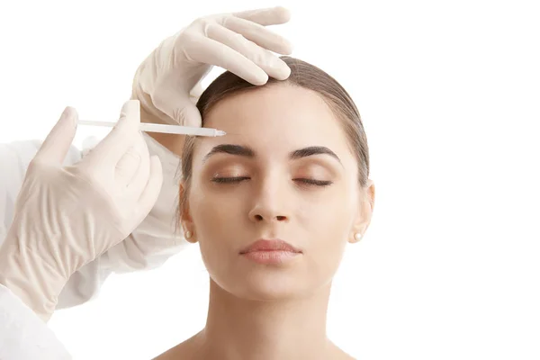 Portrait Attractive Young Woman Receiving Botox Treatment Isolated White Background — Stock Photo, Image