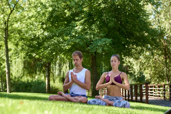 年轻夫妇在公园练习瑜伽的全长镜头 — 图库照片