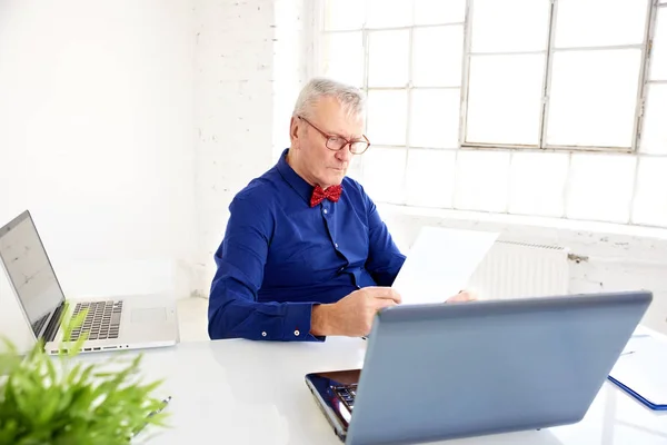 Portrait Senior Businessman Grey Hair Sitting Office Desk Working His — Stock Photo, Image