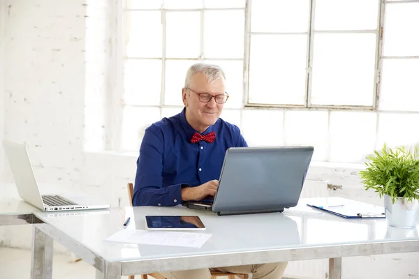 Portrait Senior Businessman Grey Hair Sitting Office Desk Working His — Stock Photo, Image