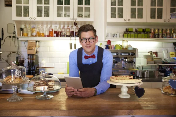 Portait Shot Young Coffee Shop Owner Man Wearing Apron Holding — Stock Photo, Image