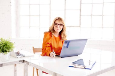 Yönetici işadamının dizüstü bilgisayarında çalışırken ve ofiste otururken bazı evrak işleri yaparken çekilmiş portresi. 