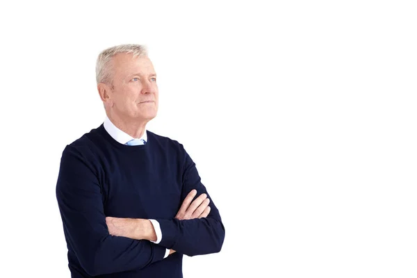 Elderly man portrait while standing with arms crossed at isolate — Stock Photo, Image