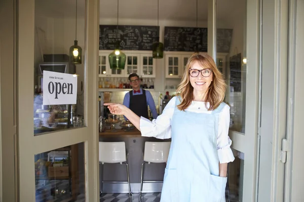Shot Middle Aged Small Business Owner Woman Wearing Apron Smiling — Stock Photo, Image