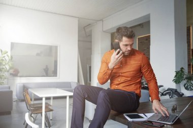 Arama yapma ve ofiste çalışırken kendi dizüstü kullanarak iş adamı portait. c