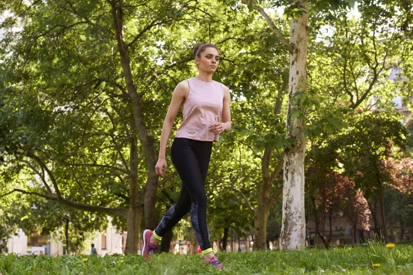 Full Length Shot Young Woman Running City Park — Stock Photo, Image