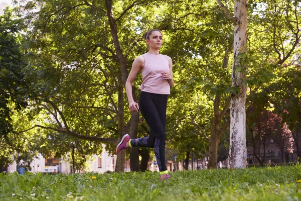 Full Length Shot Young Woman Running City Park — Stock Photo, Image