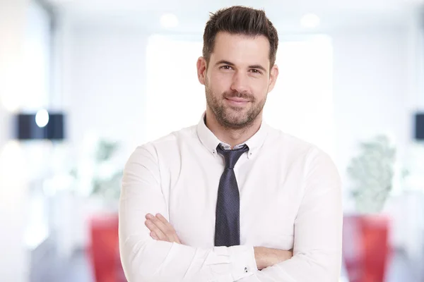 Portret Strzał Uśmiechnięty Biznesmen Noszenia Koszuli Krawat Stojąc Biurze Uśmiechając — Zdjęcie stockowe