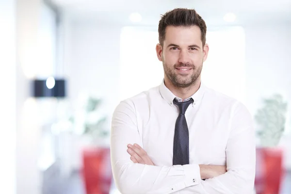 Portrait Shot Smiling Businessman Wearing Shirt Tie While Standing Office — Stock Photo, Image