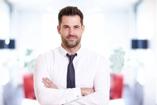 Portrait Shot Smiling Businessman Wearing Shirt Tie While Standing Office — Stock Photo, Image