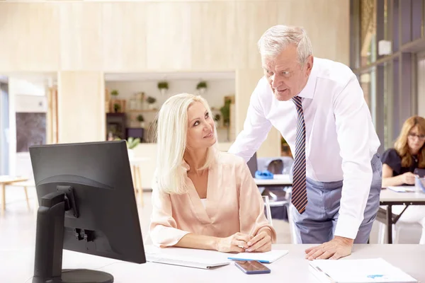 Shot Middle Aged Financial Accountant Businesswoman Sitting Office Desk Her — Stock Photo, Image