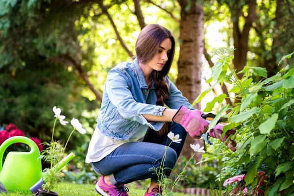 全长拍摄的年轻女子在自家后院园艺 快乐的女人在修剪植物时使用切割机 — 图库照片